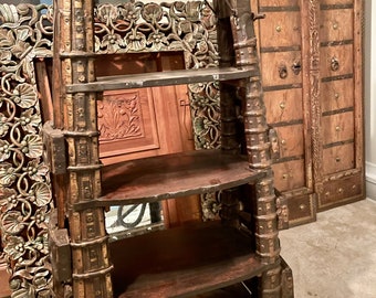 Antique Bookcase Cabinet Teak Old World Bookshelf, Ox Cart Display Shelf, Rustic Furniture Eclectic Farmhouse, Hand Carved Furniture