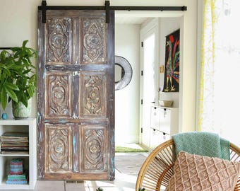 Custom Size Carved Door, Handcarved Barn door, Floral Anglo Indian Door, Solid Wood Door, Paneled Door, Bohemian Eclectic Sliding Door 84x36