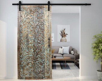 Tree of Life Sliding Barn Door, Dusty Blue Vintage Wood, Artistic Barndoors, Single, Double, Old World India Carved Doors, Wall Art 80x36