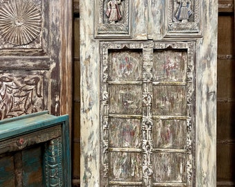 Vintage Limewash Door, India Temple Art, Single Barndoor, Reclaimed Wood, Unique Eclectic Decor