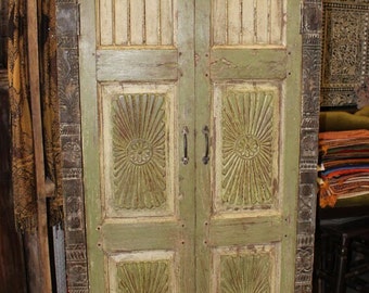 Sunrays Carved Armoire, Chakra Cabinet, Antique Rustic Green Armoire, Eclectic Reclaimed Wood Vintage India Storage Cabinet