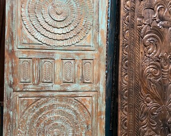 Rustic blue Barn Door, Carved Sliding Door, Vintage Reclaimed Wood Headboard, Unique Eclectic 80x36