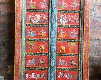 Rustic Antique Teak Wood Door | Indian Carved Door | Old Red Door | Repurposed Wall Art | Ganesha Door | Boho Unique Eclectic