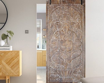 Vintage Ganesha Wall Sculpture, Yoga Room, Temple Decor, Holistic Barn Doors, Hand-Carved Door Panel, Mooladhara Ganesh, 96X40