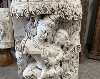 Vintage Radha Krishna Love Sculpture Krisna Radha Embracing Wood Statue Rustic Wellness Decor