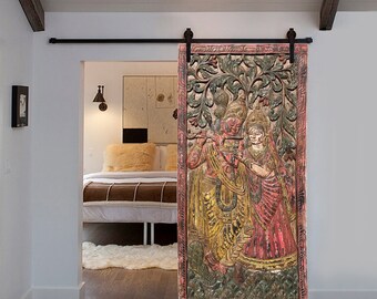 Vintage Hand Carved Indian Panel, Radha Krishna Barn door, Colorful Sculpture, Yoga Barndoor Panels Unique Eclectic Decor