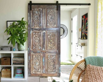 Carved Floral Barn Door, Boho Style Farmhouse Door Panel, Interior, Double or Single Sliding Doors, Home OFFICE Doors, Bedroom Door 84x36