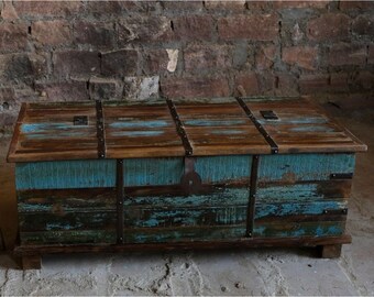 Antique Indian Trunk Chest Coffee Table Hope Chest Storage Eclectic FARMHOUSE Rustic Country Chic