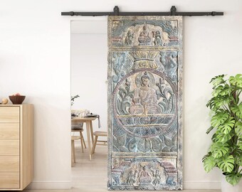 Vintage Buddha Artistic Carved Door, Reclaimed Wood Carved Wall Art, Sliding Barn Door, Statement, Eclectic, Unique Wellness Decor 84x36
