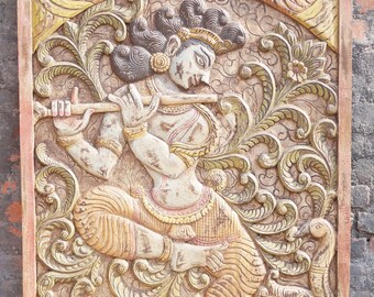Vintage Wood Carved Krishna Carving Panel Fluting KRISHNA,Old WORLD ELEMENTS Wall Sculpture, Yoga Room, Boho Decor
