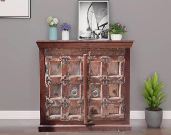 Antique Indian Door Cabinet, Accent Chest, Rustic 2 Tone Wood Carved Cabinet, Living Room, Teak, Media Console, Storage, Vanity Chest