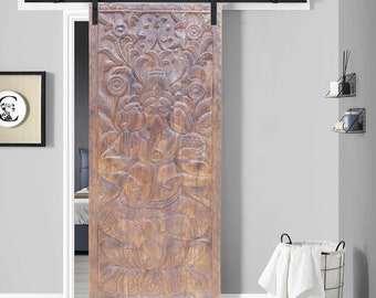 Reclaimed Wood India Barn Door Carved Ganesha, Seated Ganesh, Hindu God, Indian Wall Panel, Hand-Carved Yoga Decor 84x36