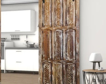 Rustic Indian Carved Door Panel, Bedroom Sliding Door, Limewash Vintage Artistic Barn Door, Ornate Carved Doors, Sliding Door,  96