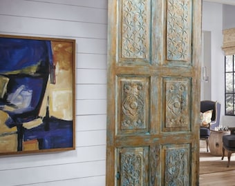 Vintage Ornate Door, Blue Twilight Stars Carved Doors, Indian Sliding Barn door, Farmhouse Style Interior, Carved Door Panel, Unique 80x36