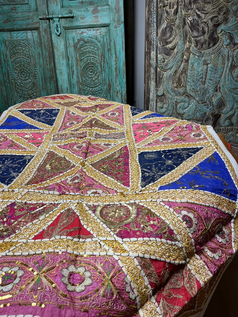 Vintage Pink Blue Decorative Indian Sari Tapestry, Beaded Tapestry, Wall Decor, Wall Hanging, Boho Style Headboard, Zardozi Bed Throw image 3