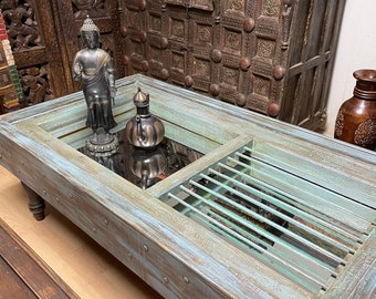 Antique Indian Jhrokha Coffee table, Jali Coffee Table with mirror, Boho Chai Table, Distressed Blue Green Patina Table, Unique Eclectic