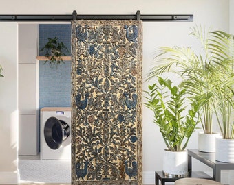 Tree of Life Carved Door, Carved blue Hues Vintage Wood Barn Door, Sliding Door, Accent Wall Art, Kalpavrikha India Carved Door 96x42