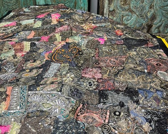 Black Zardozi Beaded Vintage Original Hand Crafted Tapestry, Gray Embroidered Wall hanging Bohemian Decor