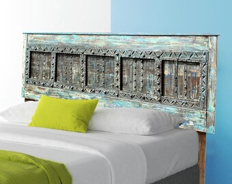 Antique Blue Door Headboard, Vintage Door King Headboard, Rustic Bold Bedroom, Ranch Country, Farmhouse, Eclectic & Unique 90x54
