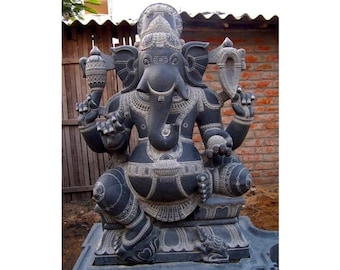 PRE ORDER-Natural Granite Stone Ganesha Garden Statue Handcarved Gray Granite Stone Garden Temple Decor Sculpture