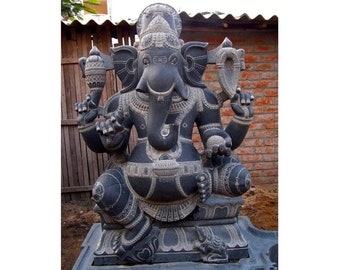 PRE ORDER-Natural Granite Stone Ganesha Garden Statue Handcarved Gray Granite Stone Garden Temple Decor Sculpture