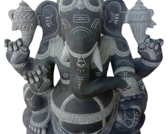 PRE ORDER-Natural Stone Ganesha Garden Statue Handcarved Gray Granite Stone Garden Temple Decor Sculpture