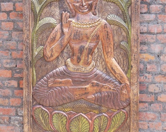 Vintage Colorful Buddha Vitarka Mudra Door Panel Hand Carved Wall Hanging, Buddhist Wall Art, Barn Door Buddha Sculpture 84x36