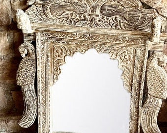 Farmhouse Rustic Arch Mirror, Peacock Design Hand Carved Indian White Wash Wall Decor Mirror, Vanity Mirror, Home Decor