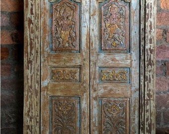 Antique Indian Doors, Blue distressed door, Ganesha Krishna Carved Nathdwara Doors, Hand-Crafted, Old World Architecture Elements