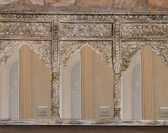 Indian Jharokha Mirror, Triple Arch Mirror for Wall, Handcarved Wooden Mirror, White Wash Distressed Rustic Finish Mirror Frame for Home