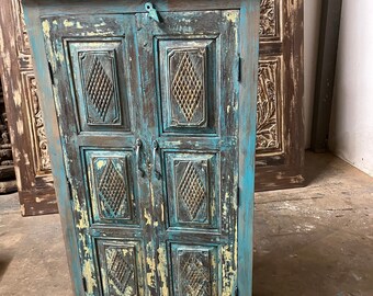 Turquoise antique rustic cabinet, Hallway Accent Armoire 53x29