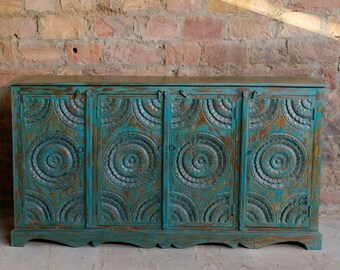 Antique Indian 4 Doors Rustic Credenza, Blue Chakra Sideboard, Kitchen Buffet, Media Chest, Farmhouse Cabinet Storage, Eclectic Old World