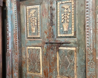 Antique Door, Indian Door with frame, Teal Reclaimed Architectural Teak Doors, Rustic Farmhouse Decor, Headboard