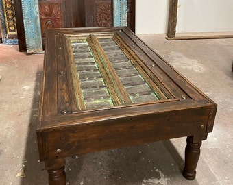 Antique Indian Door Coffee Table, Brown Brass Door Coffee Table, Rustic CHAI TABLE, Vintage Distressed Accent Table, Eclectic Decor