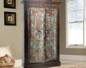 Antique Armoire, One of a Kind Hand-Painted Turquoise Blue Old-World Armoire Wardrobe, Farmhouse Storage, Boho Chic Decor, 68x36