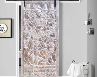 Vintage Wall Sculpture, Indian Carved Custom Barn Door, Goddess Durga Fighting Powers, Shakti, Mahishasurmardini, Yoga Decor