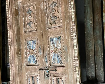 Antique Indian Doors, Hand Carved Wooden Doors With Frame, Intricately Carved Mogul Style Doors, Old World Architecture Elements 98x54