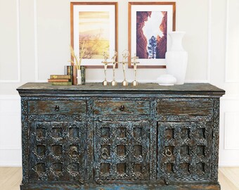 Antique Indian Doors Rustic Credenza, Farmhouse Blue Patina Brass Medallions Sideboard, Kitchen Buffet, Media Chest, Farmhouse Decor 71x38