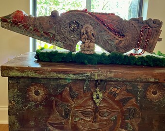 Serenity Garden Ganesha Carved Antique Elements, Antique Corbel Bracket Decorated with Mala Beads Artistic Table decor