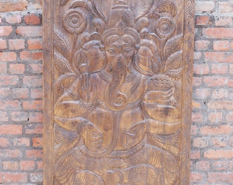 Vintage India Barn Door Carved Ganesha, Seated Ganesh, Hindu God of Wealth, Indian Wall Panel, Artistic Hand-Carved Wall Decor 84x36