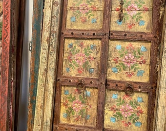 Antique Indian Door, Marigolds Painted Door, Garden Door, Farmhouse Doors, Teak Exterior Doors, Unique Old World Decor, 74x41