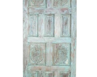 Single Vintage Door, Distressed Blue DOOR Panel, Chakra Carving Wall Art, Barn Doors, Farmhouse BARNDOOR, Wood Headboard