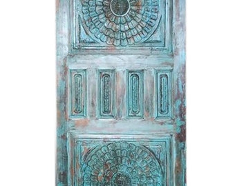 Vintage Barn Doors, Blue Distressed DOOR Panel, Lotus Carving Wall Art, Headboard, Rustic Doors Farmhouse BARNDOOR 80