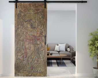 Krishna Radha Carving Barn Door Panel, Vintage Door Panel, Hand Carved Wall Sculpture, Indian Art Panels, Artistic Elements, 96x40