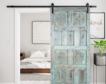 Distressed Blue Sliding Vintage Door, DOOR Panel, Chakra Carving Wall Art, Barn Doors, Farmhouse BARNDOOR, Wood Headboard, Hand carved