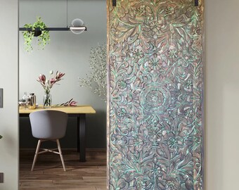 Lotus Garden Carved Barn Door, Natures Harmony Door Headboard, Boho Bedroom, Interior, Custom Sliding Door, Unique Eclectic 80x36
