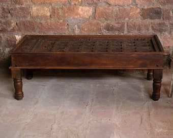 Antique Jharokha Door Coffee Table, Dark Tone Teak Wood Indian Handcarved Unique Hotel Design Vintage Furniture, Home Decor Coffee Table