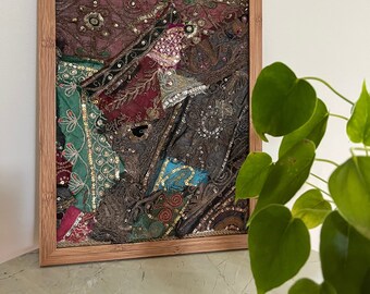 Antique Indian Textile Framed art, Boho style wall art, Housewarming Gift, Dorm Decor