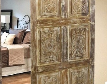 Vintage Indian Whitewash Carved Barn Door, Hanging Door, Custom Sliding Door, Bedroom Door, Ranch Country, Unique Eclectic, 80x36