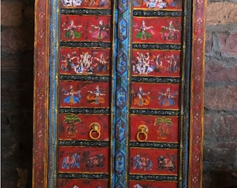 Antique Rustic India Door, Artistic Decor Elements, Ganesha Doors, Indian Red Painted Doors, Bohemian Eclectic Doors 69x50